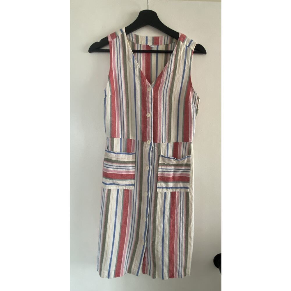 Old Navy Linen Blend Stripe Dress Small Knee Length Button Front Cottage Tank - Picture 2 of 7